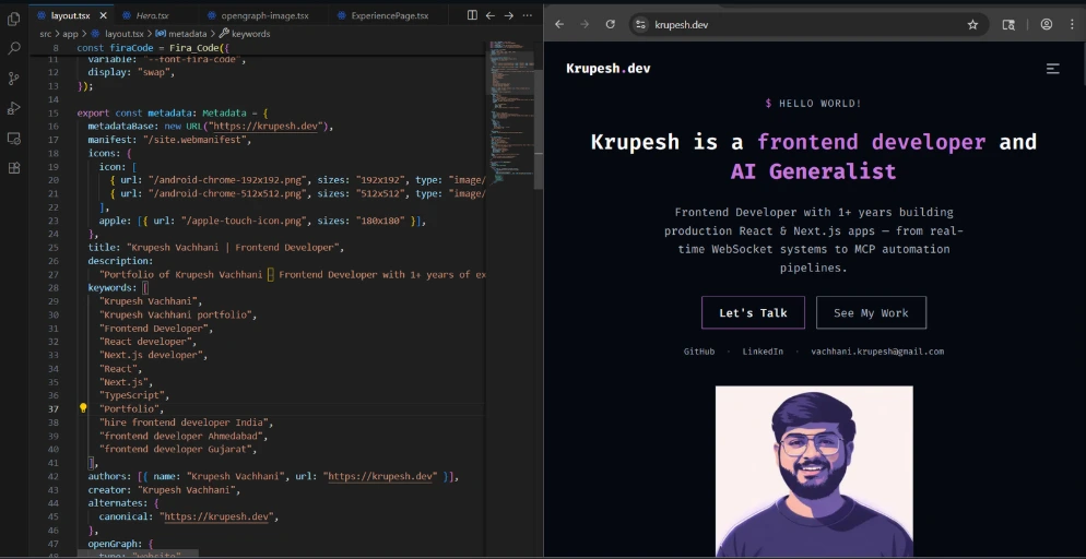 The actual metadata config in VS Code (left) powering the live krupesh.dev portfolio (right)