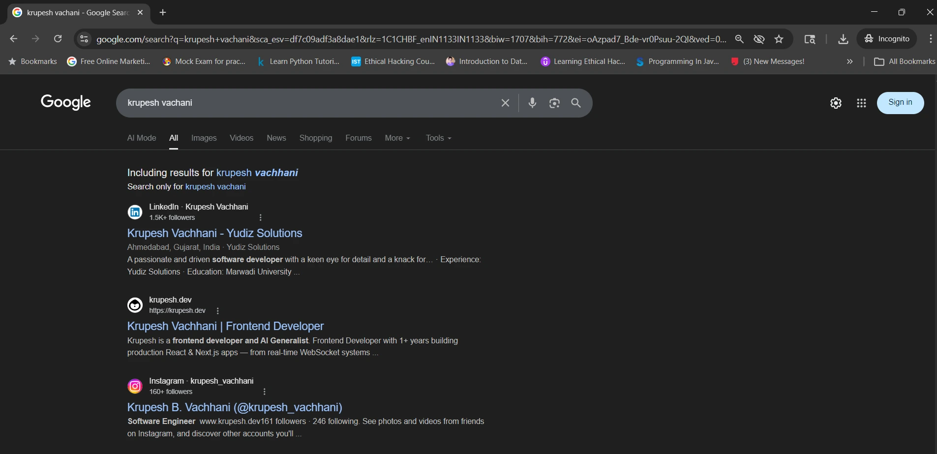 Searched "krupesh vachani" — Google auto-corrects and krupesh.dev appears at position #2 with the exact title and description from metadata
