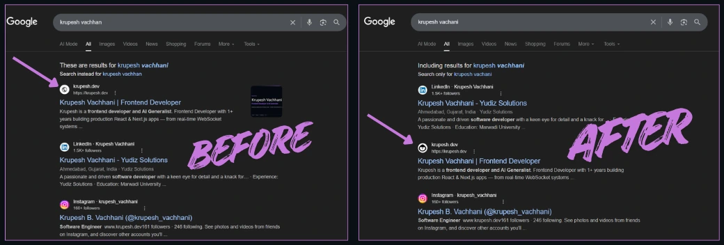 BEFORE vs AFTER — left shows krupesh.dev at #1 without a branded favicon, right shows it at #2 with the custom favicon icon after the 192×192 PNG fix